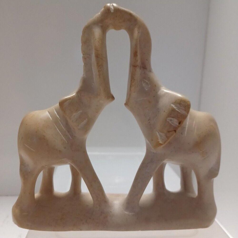 VINTAGE Elephant Figurine Hand Carved Soapstone Statue Touching Raised Up Trunks